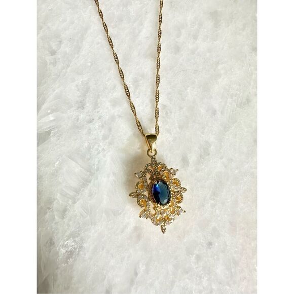 Sapphire blue cubic zirconia intricate regal style pendant necklace  - Picture 7 of 12